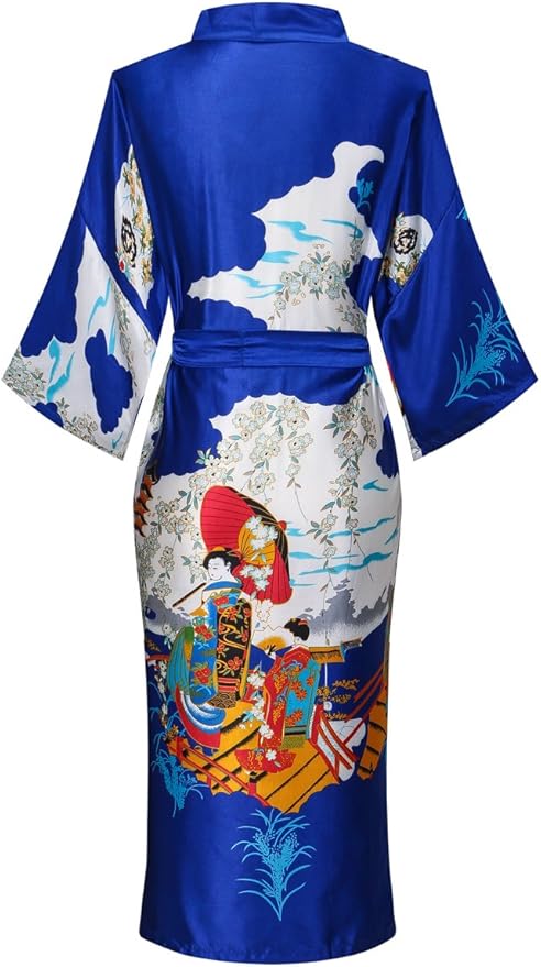 Valennia Women Long Silky Bathrobe Satin Kimono Robe Floral Printed Dressing Gown Sleepwear