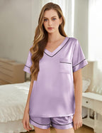 Silk Pajamas for Women Short Sleeve Satin 2 Piece Pj Set Soft V Neck Sleepwear Loungewear, S-XXL