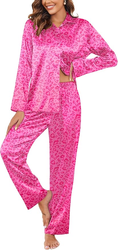 Ekouaer Women Satin Silk Pajamas Classic Long Sleeve Button Down Pjs Set Soft Loungewear