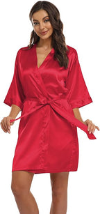 Women's Pure Short Kimono Robes Bride Bridesmaids Silky Bathrobe Lightweight Satin Sleepwear