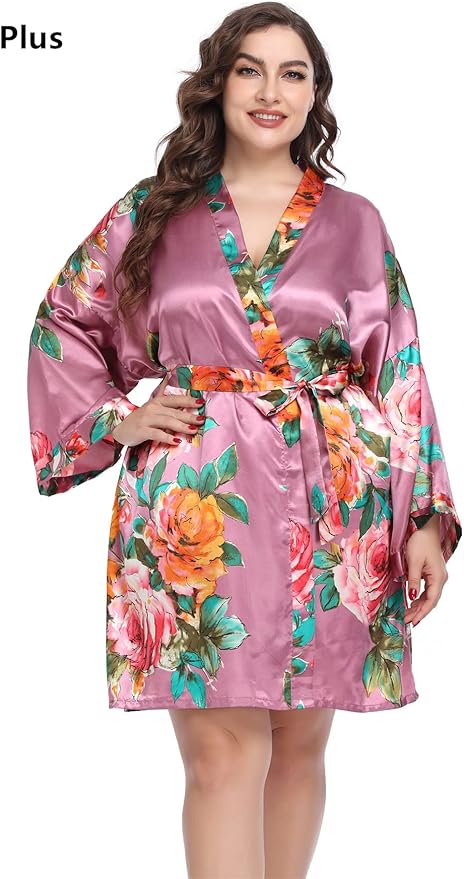 MissNina Women's Floral Satin Kimono Robes Short Silky Bridesmaid Robes Sleepwear