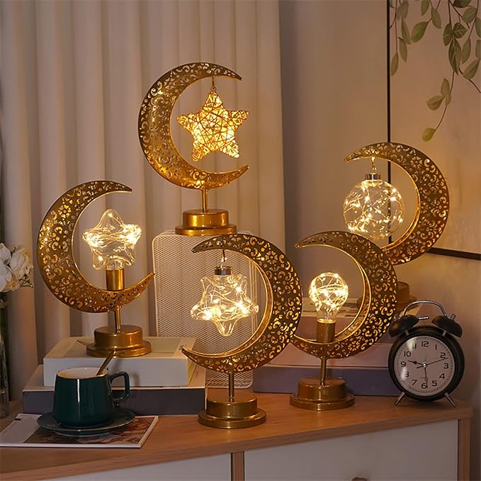 LED Moon Lamp Romantic Iron Desk Lamp Ambient Lighting Night Light Lamps for Nightstand Aesthetic Bedside Lamps Night Stand Lamp Mood Lighting Home Bedroom Decor Cute Stuff (Without Batteries) (Gold)