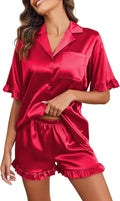Ekouaer Satin Pajama Set for Women Button Down Silk 2 Piece Pj Sets Ruffle Short Sleeve Sleepwear