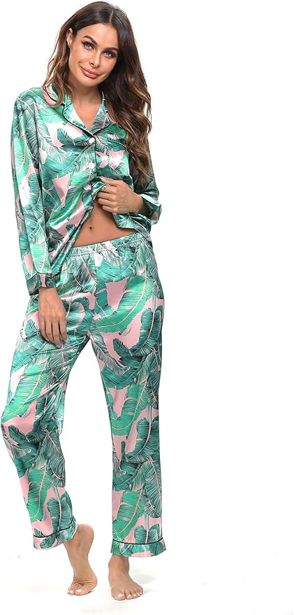 SWOMOG Womens Silk Satin Pajamas Set Long Sleeve Button Down Sleepwear 2 Piece Lounge Set Pj Set XS-3XL