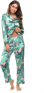 SWOMOG Womens Silk Satin Pajamas Set Long Sleeve Button Down Sleepwear 2 Piece Lounge Set Pj Set XS-3XL