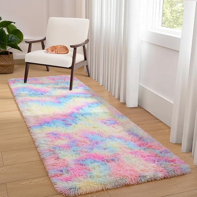 Softlife Area Rug for Bedroom, Fluffy Shag Plush Tie Dyed Rainbow Rugs for Living Room Girls, Shaggy Throw Carpet for Kids Soft Fuzzy Runner Small 2x6 Runners for Hallways Dorm