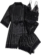WDIRARA Women' Silk Satin Pajamas Set 4pcs Lingerie Floral Lace Cami Sleepwear with Robe