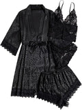 WDIRARA Women' Silk Satin Pajamas Set 4pcs Lingerie Floral Lace Cami Sleepwear with Robe