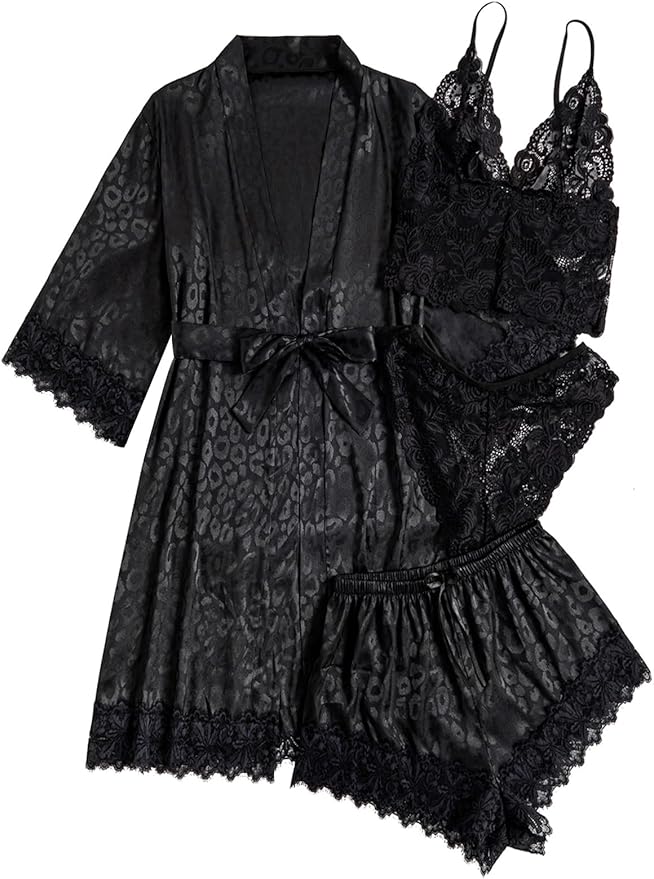 WDIRARA Women' Silk Satin Pajamas Set 4pcs Lingerie Floral Lace Cami Sleepwear with Robe
