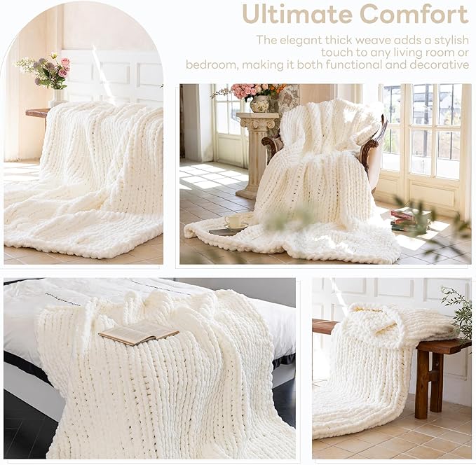 Chunky Knit Blanket - Luxury Soft Cozy 40 * 50 Throw Blanket,100% Woven Blanket Rope Knot Throw Blanket for Couch, Sofa, Home Decor, Gift - Machine Washable (Ivory White, 40 * 50)