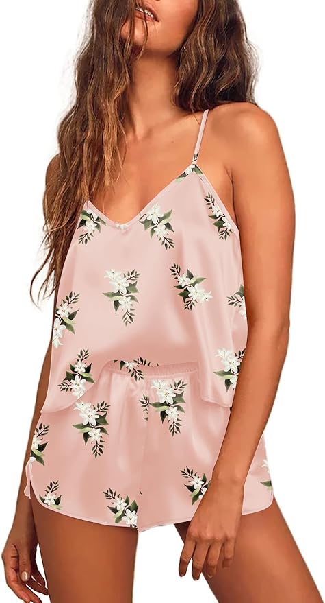 Ekouaer Silk Pajamas for Women Satin Cami Pjs Set V Neck Camisole Shorts Set Adjustable Strap Sleepwear
