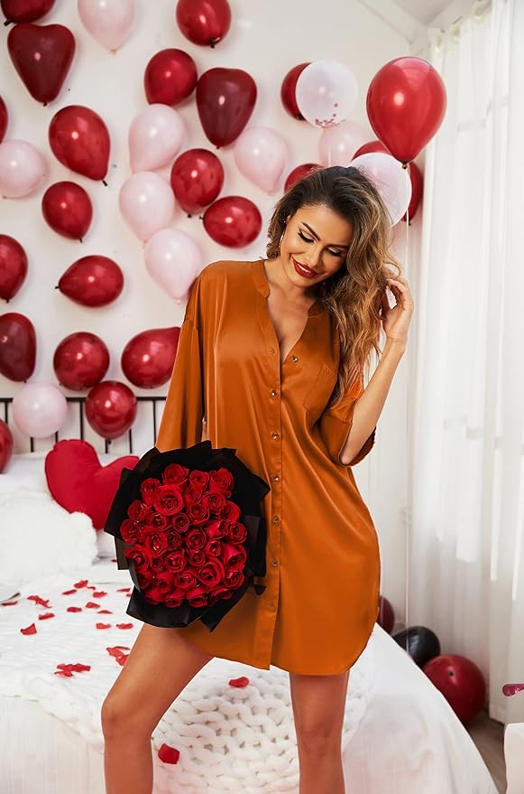 Ekouaer Satin Nightgowns for Women Silk Sleepwear Button Down Sleepshirt 3/4 Sleeve V-Neck Nightshirts with Pockets