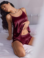 Ekouaer Womens Satin Pajamas Set Tie Back Silk Pjs Adjustable Lingerie Cami Top and Shorts Nightwear Sets