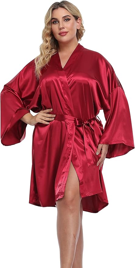Women's Plus Size Short Silky Bathrobes Satin Kimono Robes Bride Bridesmaid Loungewear Soft Nightgown