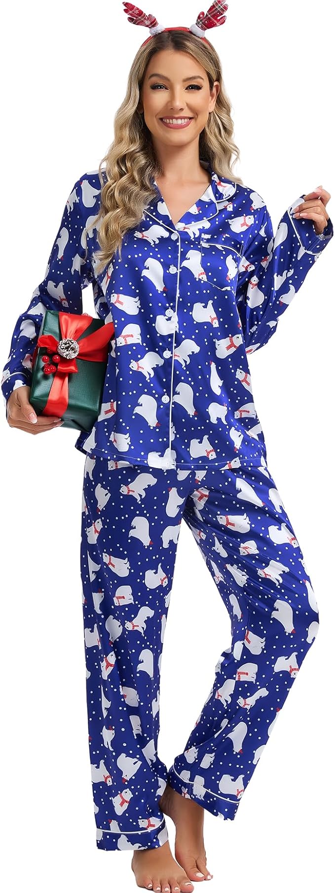SWOMOG Womens Silk Satin Pajamas Set Long Sleeve Button Down Sleepwear 2 Piece Lounge Set Pj Set XS-3XL