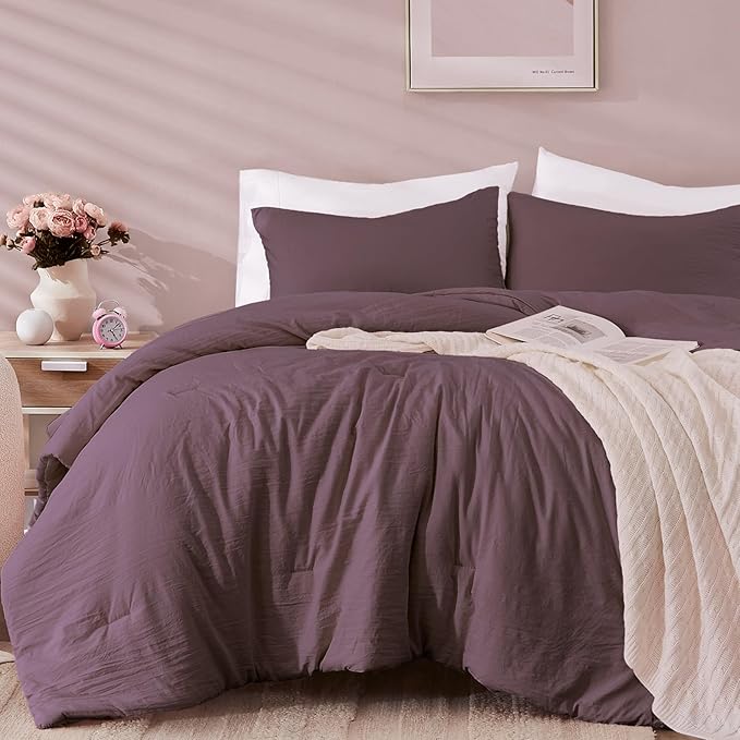 WRENSONGE Full Size Comforter Sets - 3 Pieces Deep Purple Comforter Prewashed Soft Lightweight for All Seasons, Fluffy Down Alternative Comforter Full Size with 2 Pillow Shams