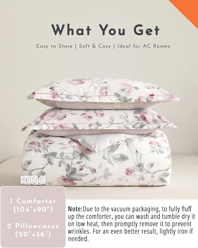 ALEISSEL Vintage Cotton 3pcs Floral Comforter Sets King Size - Dusty Rose & Soft Gray Foliage on White, Blush French Striped Patchwork Reverse, Neutural Lightweight Bedding Sets(King 104"×90")