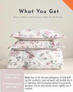 ALEISSEL Vintage Cotton 3pcs Floral Comforter Sets King Size - Dusty Rose & Soft Gray Foliage on White, Blush French Striped Patchwork Reverse, Neutural Lightweight Bedding Sets(King 104"×90")