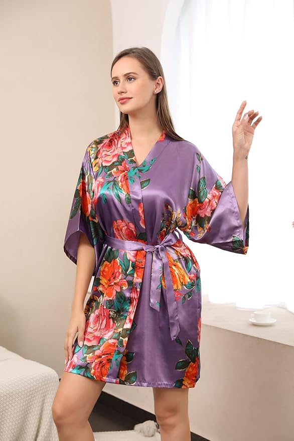 QXQTER Peony Floral Silky Satin Robe Wedding Bridal Party Bride Bridesmaid Robes for Women Dressing Gown Kimono Robe