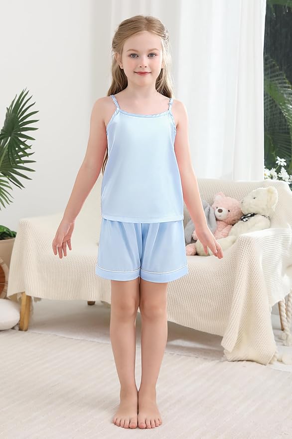 Weixinbuy Girls Pajamas Silk PJS Set Sleeveless Pajama Tank Elastic Waist Shorts Sleepwear Kids Summer Nightwear Clothes Set