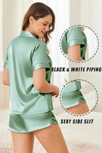 Ekouaer Silk Satin Pajamas Set Short Sleeve Pj Sets Black & White Contrast Piping Pjs Button Down Lounge Sets 2 Piece