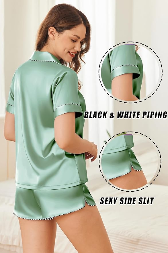Ekouaer Silk Satin Pajamas Set Short Sleeve Pj Sets Black & White Contrast Piping Pjs Button Down Lounge Sets 2 Piece