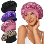 4Pcs Satin Bonnet Silk Bonnet, Hair Bonnet for Sleeping, Elastic Wide Band Sleep Cap, Soft and Breathable Silk Hair Wrap for Sleeping (Black Purple Rose Leopard)