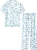Umeyda Girls Womens Pajamas Set, Satin Silky Button Down Loungewear 2 Piece Short Sleeve Pants PJS Sets for Mommy Kids