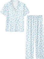 Umeyda Girls Womens Pajamas Set, Satin Silky Button Down Loungewear 2 Piece Short Sleeve Pants PJS Sets for Mommy Kids