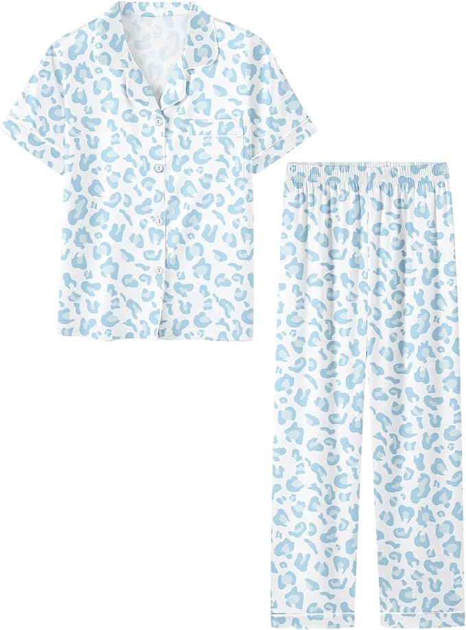 Umeyda Girls Womens Pajamas Set, Satin Silky Button Down Loungewear 2 Piece Short Sleeve Pants PJS Sets for Mommy Kids