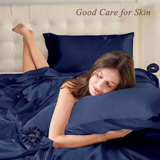 Vielit King Satin Pillowcase for Hair 2pc,Similar to Silk Pillow Cases,Easier Care Than Silk Pillowcase Gifts for Women Men,Navy,20x36 & Envelope Closure and 2 Satin Scrunchies