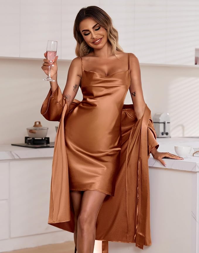 Ekouaer Women's Satin Robe Set Nightgown with Robes Silk Pajama Set 2 Pieces Lingerie Cowl Neck Cami Sleepwear Sets