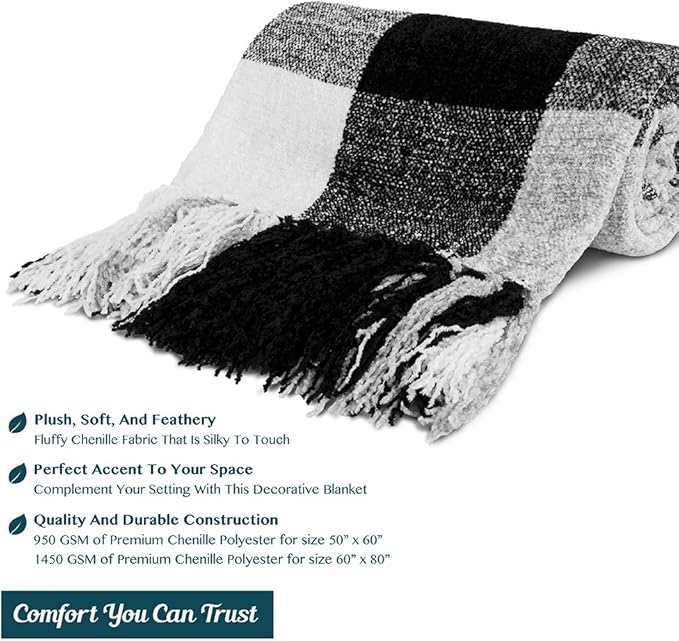 PAVILIA Plaid Blanket, Soft Throw Blanket for Couch Sofa, Knit Chenille Throw Blanket for Twin Size Bed, Living Room Decor Woven Knitted Decorative Blanket, White Black Gray Buffalo Check 60x80in