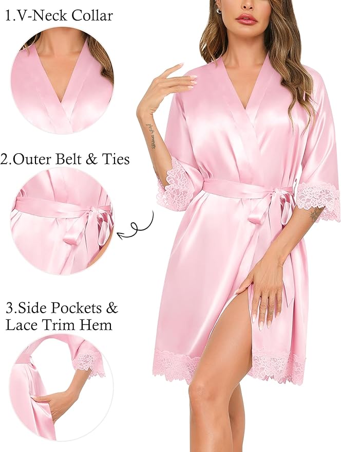 SWOMOG Women's Satin Robe Set 2 Piece Sexy Pajamas Sets Lace Cami Nightgown and Silk Robes Nightwear