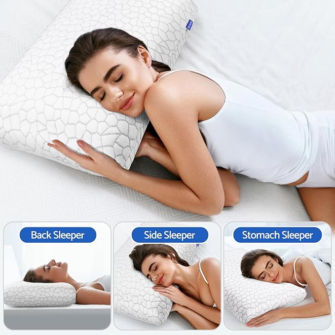 CushZone Memory Foam Pillows for Sleeping, Bed Pillow with Removable and Machine Washable Cover, Bed Pillow for Side, Back and Stomach Sleepers, Standard Size (2 Pack)