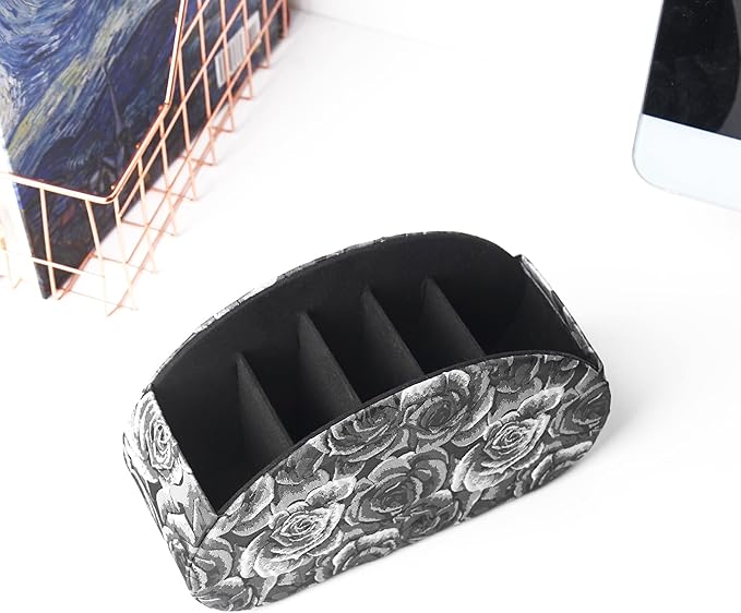 QIELIZI Remote Control Holder, PU Leather Remote Caddy Desktop Organizer with 5 Spacious Compartments for TV Remotes/Media Controllers/Office Supplies (1-3D Black Grey