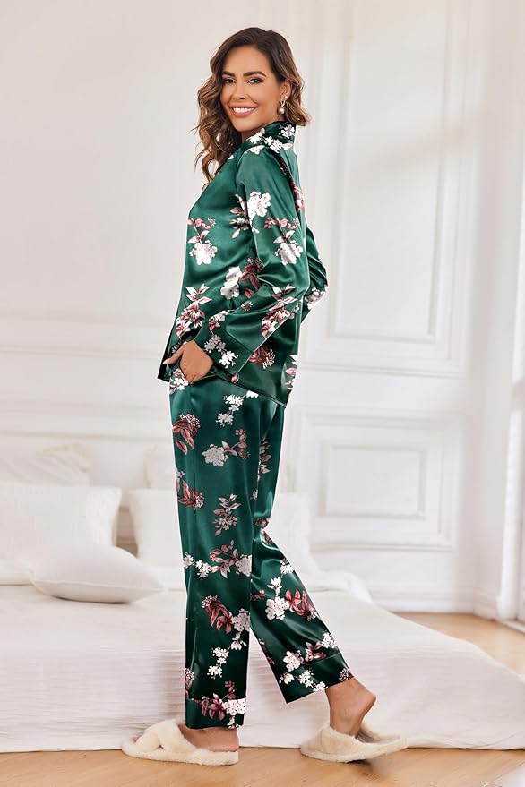 Ekouaer Women Satin Silk Pajamas Classic Long Sleeve Button Down Pjs Set Soft Loungewear