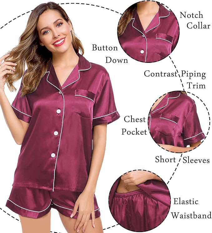 LecGee Womens Silk Satin Pajamas Short Sleeve Loungewear Two-Piece Sleepwear Button-Down Pj Set
