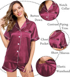 LecGee Womens Silk Satin Pajamas Short Sleeve Loungewear Two-Piece Sleepwear Button-Down Pj Set