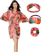EPLAZA Silk Robes for Women Satin Robe Short Sexy Print Flower Kimono Loungewear Wedding Bridal Party