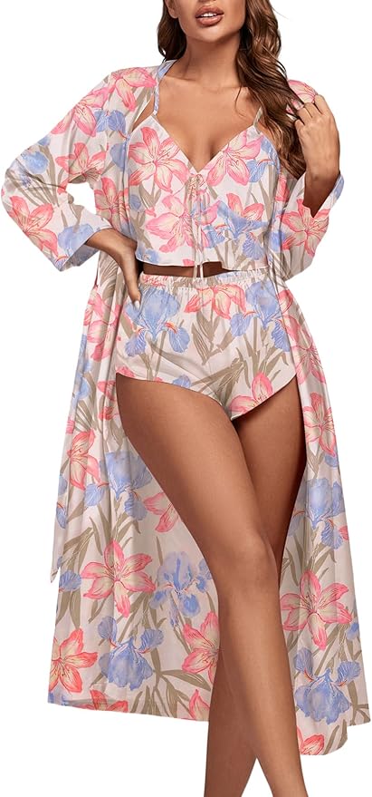 OPOIPIN Women's 3 Piece Pajama Set Sexy Cami Top and Shorts with Robe Sleepwear Loungewear Set