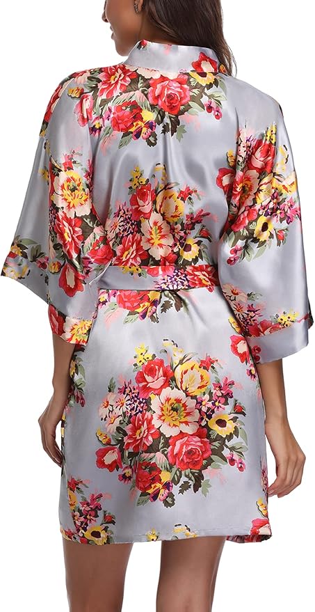Women's Floral Satin Robes Bride Bridesmaid Getting Ready Robe Short Silky Kimono Sleepwear for Wedding Party
