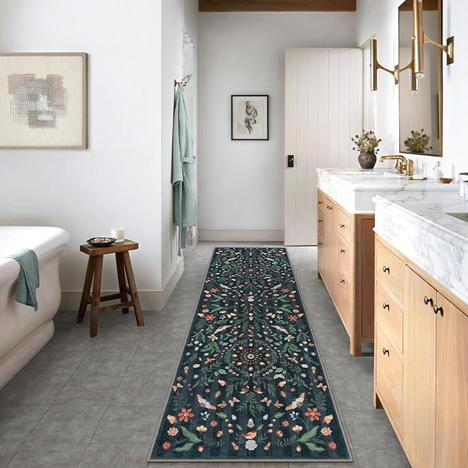 Lahome Insect Botanical 2'6"x10' Black Runners for Hallways, Non Slip Washable Kitchen Bathroom Carpet Runner,Soft Non Skid Indoor Rugs for Entryway Laundry Bedroom(Black,2'6"x10')