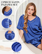 Silk Pajamas for Women Short Sleeve Satin 2 Piece Pj Set Soft V Neck Sleepwear Loungewear, S-XXL