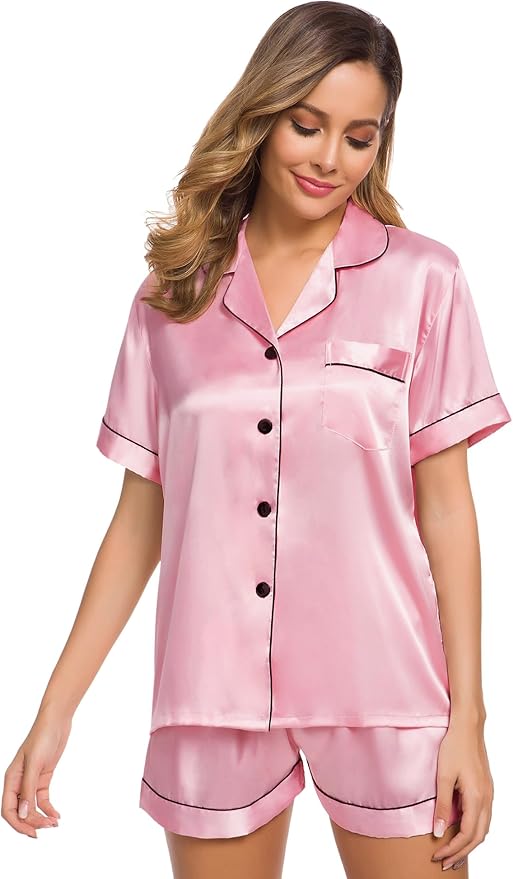 SWOMOG Womens Silk Satin Pajamas Set Short Sleeve Sleepwear Button Down Top and Shorts Loungewear 2 Piece Pjs Set XS-3XL