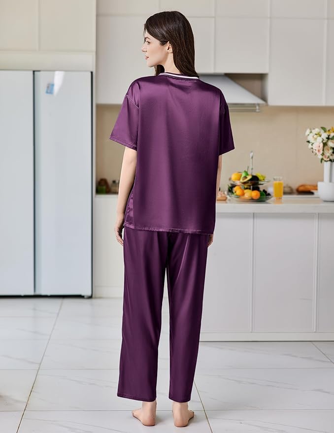 Ekouaer Satin Pajama Set for Women Short Sleeve Silky Pjs 2 Piece Lounge Sets Soft Comfy Sleepwear Loungewear S-XXL