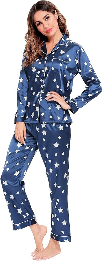 SWOMOG Womens Silk Satin Pajamas Set Long Sleeve Button Down Sleepwear 2 Piece Lounge Set Pj Set XS-3XL