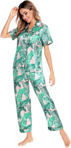 SWOMOG Women Satin Pajamas Set Short Sleeve Top & Pants Sleepwear Silky Button Down Nightwear 2pcs Loungewear Pjs Set