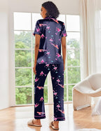 Ekouaer Silk Satin Pajamas Set Women Short Sleeve Sleepwear Soft Button Down Loungewear Pjs Set