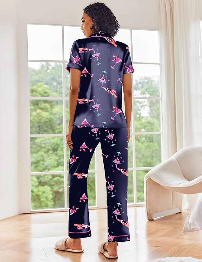 Ekouaer Silk Satin Pajamas Set Women Short Sleeve Sleepwear Soft Button Down Loungewear Pjs Set